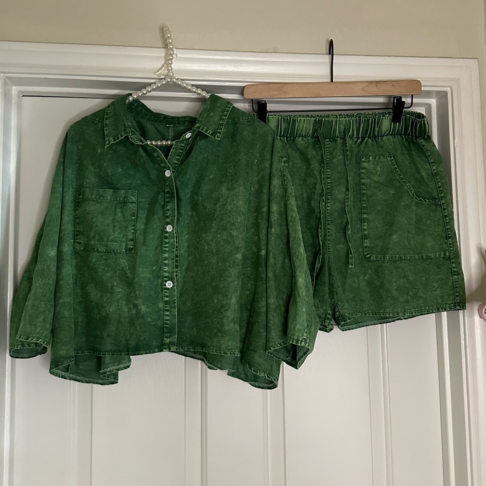 Pink Pistol Green Stonewashed Top & Shorts Set